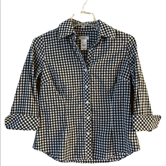 Liz & Co Black and White Check Buttoned Blouse sz S - Picture 1 of 12